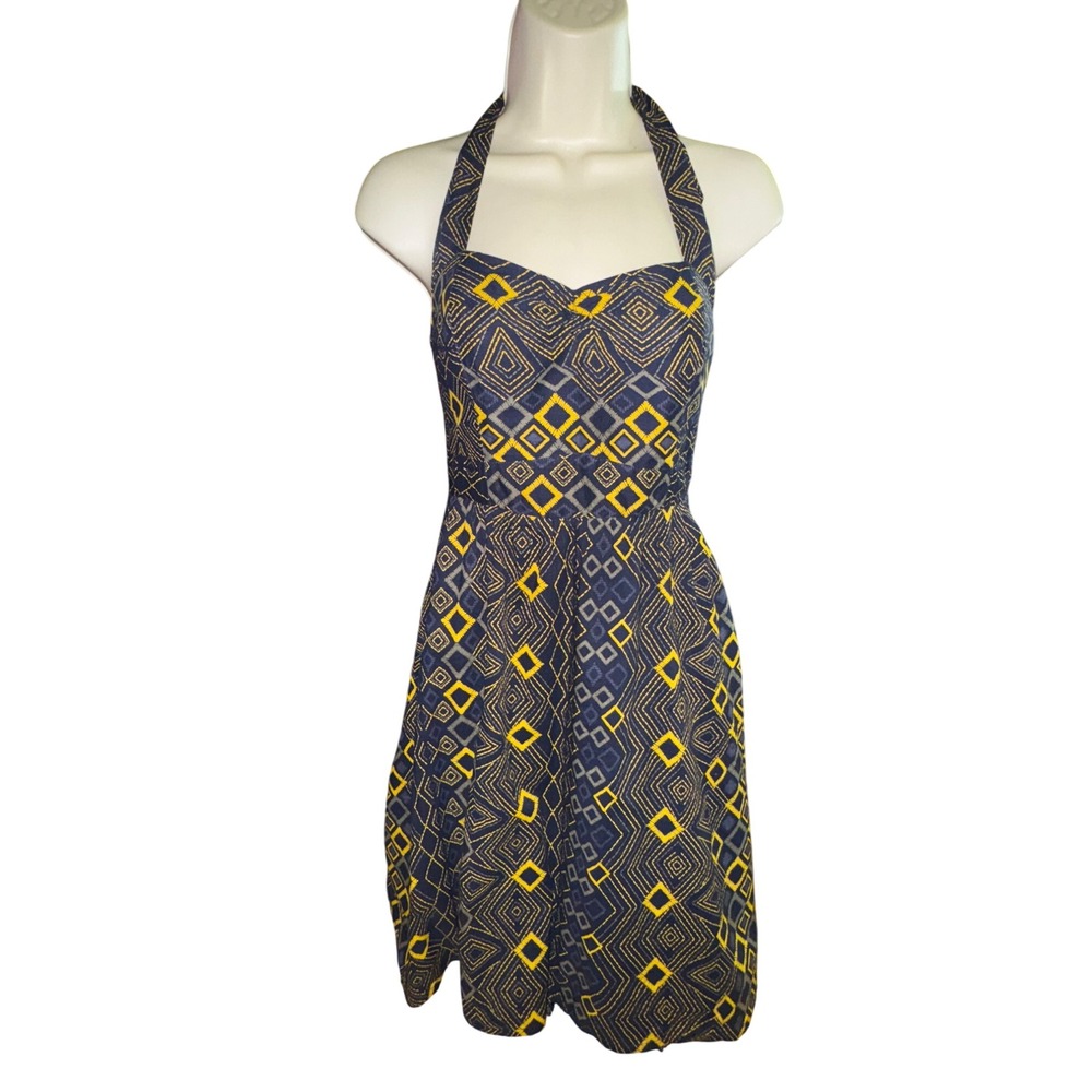 Anthropologie EDME & ESYLLTE Navy Blue & Yellow 100% Cotton Halter Dress Size 0